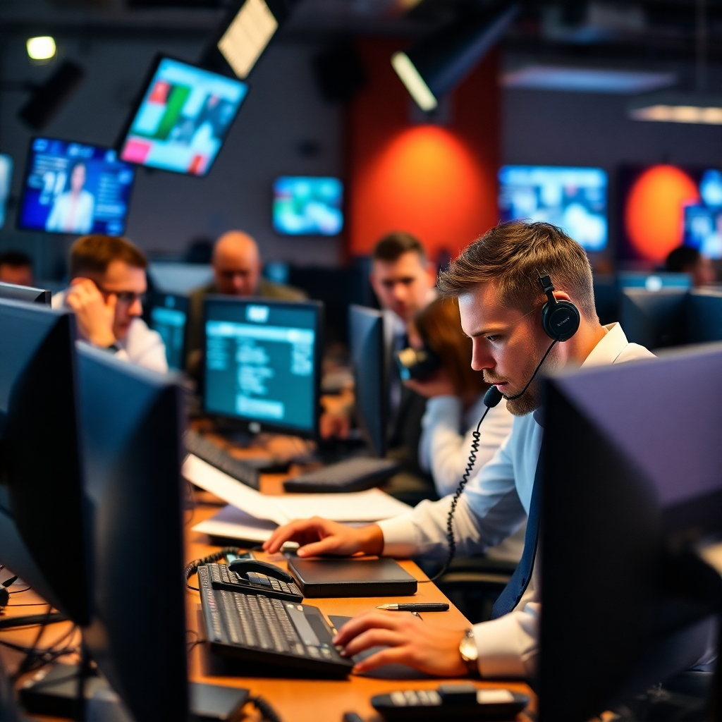 Generate an image of a newsroom scene, focused on journalists actively working on computers and phones, a sense of urgency and action. The lighting should emphasize the busy atmosphere. The color palette should include the typical newsroom color tones. The camera angle should be close-up, drawing focus to the details and the activity of the journalists. The image should portray professionalism and urgency, conveying a sense of reliability and quick response.