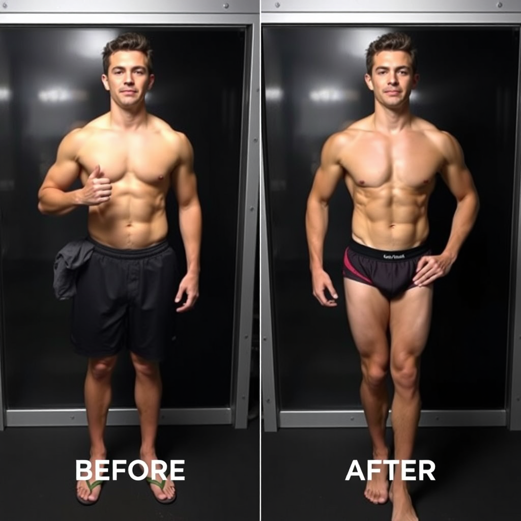  Comparación fotográfica del antes y el después de una persona en proceso de transformación física, con clara evidencia visual de su progreso. La iluminación es profesional e informativa, con una estética limpia y moderna. Resolución 4K.