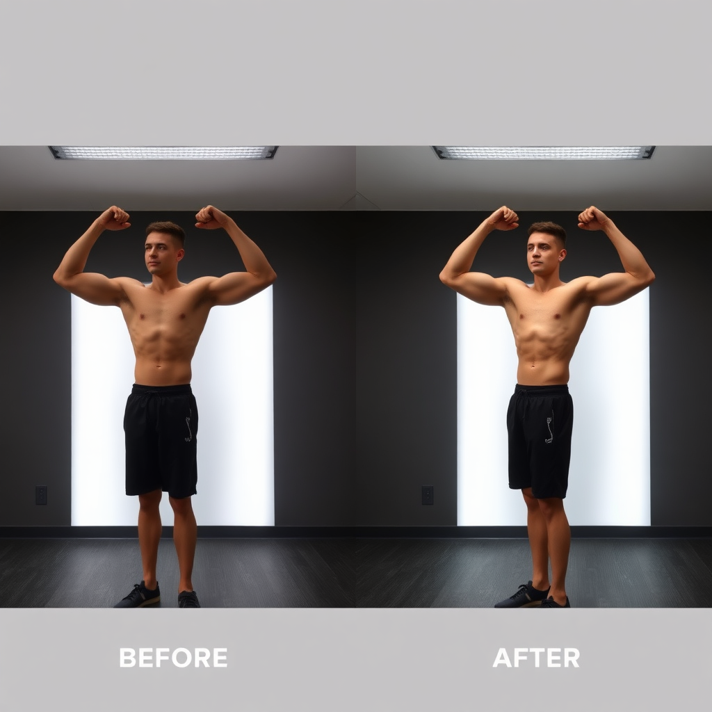 Comparación fotográfica del antes y el después de una persona en proceso de transformación física, con clara evidencia visual de su progreso. La iluminación es profesional e informativa, con una estética limpia y moderna. Resolución 4K.