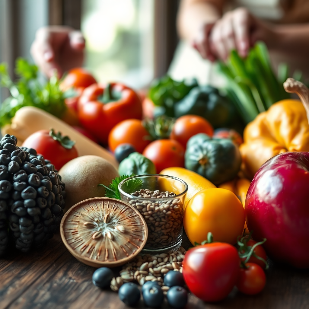 A close-up, photorealistic shot of a variety of colorful, organic fruits and vegetables arranged artfully on a wooden table. Natural light illuminates the produce, highlighting their textures and vibrant colors. In the background, subtly include a nutritionist's hands holding a measuring cup with seeds. The image should evoke feelings of health, abundance, and natural goodness.