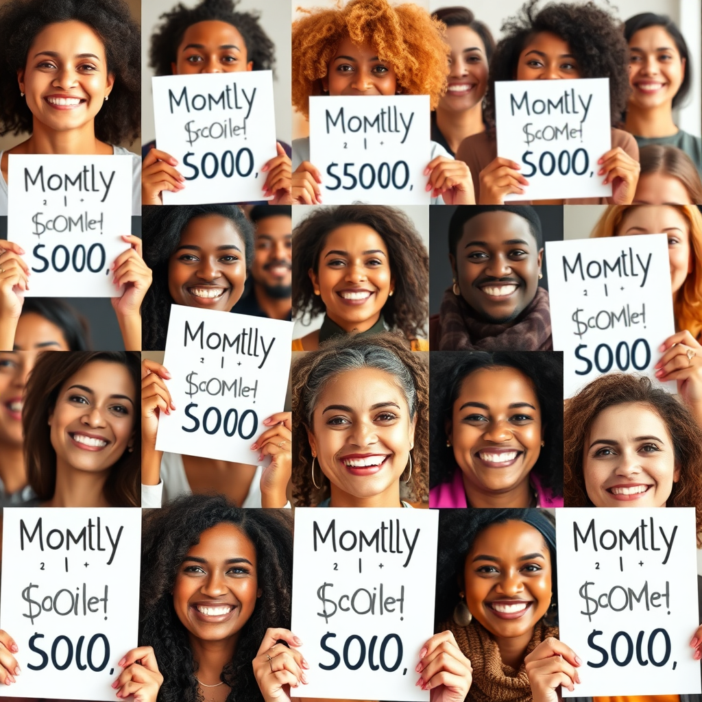 A collage of smiling faces of diverse mothers, each holding up a sign indicating their monthly income goal. The background is blurred to keep the focus on the mothers' expressions of success. The lighting is bright and positive, creating a feeling of empowerment. Camera angle: various angles, capturing the diversity of the group. Style reference: motivational marketing photography. Technical specs: 8K resolution, photorealistic, dynamic composition.