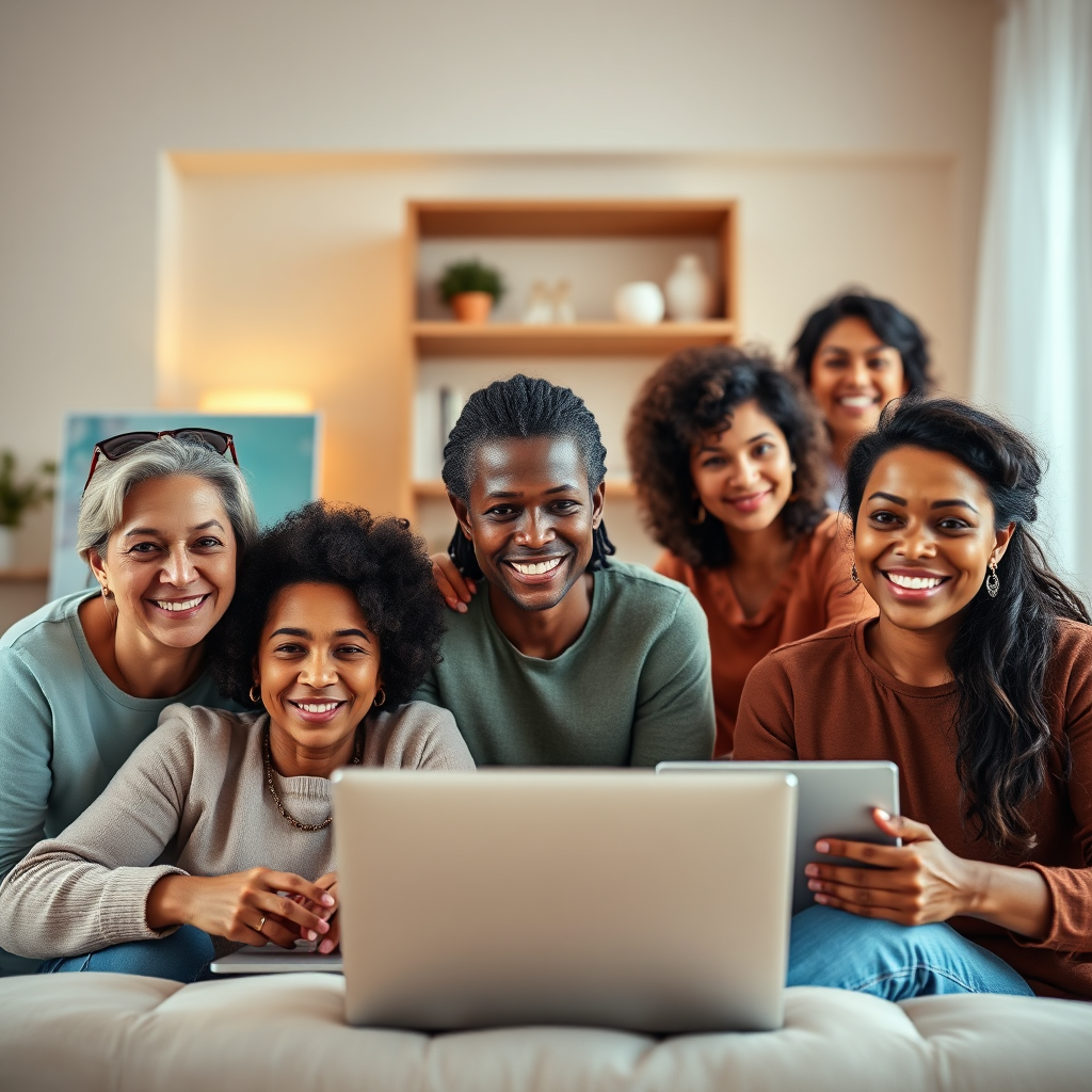 A diverse group of mothers from different ethnic backgrounds connecting via laptop screens for a virtual meeting. Each mother is in her home setting. The composition should represent global connectivity and digital collaboration. The lighting should be warm and inviting, showcasing the comfort of working from home. Camera angle: eye-level, capturing the expressions of connection and collaboration. Style reference: modern corporate photography. Technical specs: 8K resolution, photorealistic, detailed facial expressions.