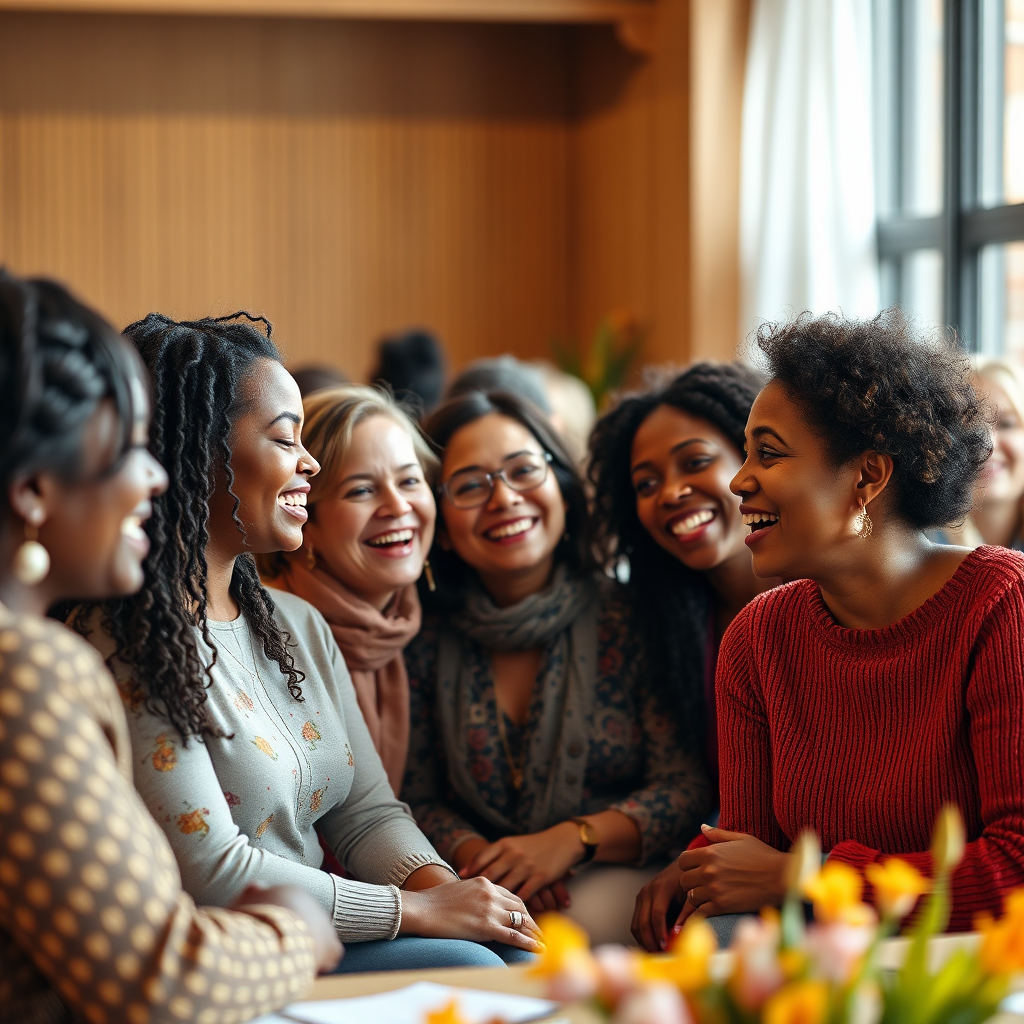 A diverse group of mothers laughing and talking together at a workshop. The atmosphere is supportive and encouraging. The lighting is warm and inviting, creating a feeling of community. Camera angle: medium shot, capturing the interaction between the mothers. Color palette: warm tones, with accents of yellow and orange. Style reference: lifestyle photography. Technical specs: 8K resolution, photorealistic, candid expressions.