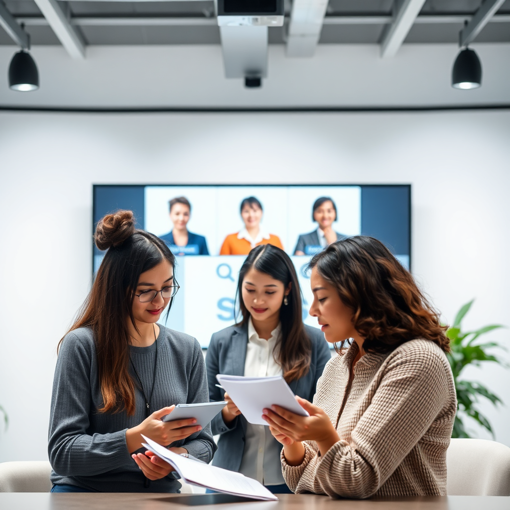 A group of women participating in a virtual training session. They are actively engaged and taking notes. The background is a clean and professional online learning platform. The lighting is bright and informative, creating a feeling of knowledge and empowerment. Camera angle: wide shot, capturing the entire group. Style reference: educational photography. Technical specs: 8K resolution, photorealistic, clear and concise visuals.