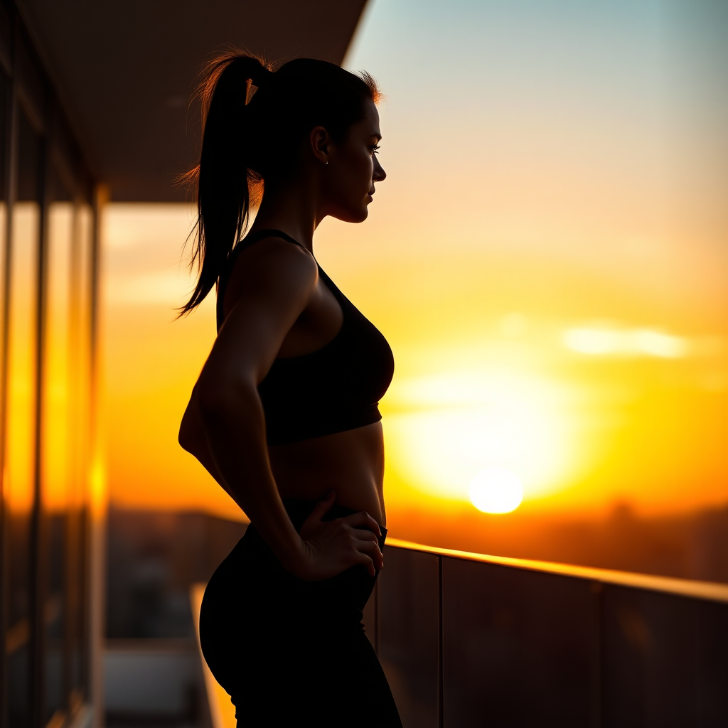 Silueta de mujer atlética mirando al atardecer