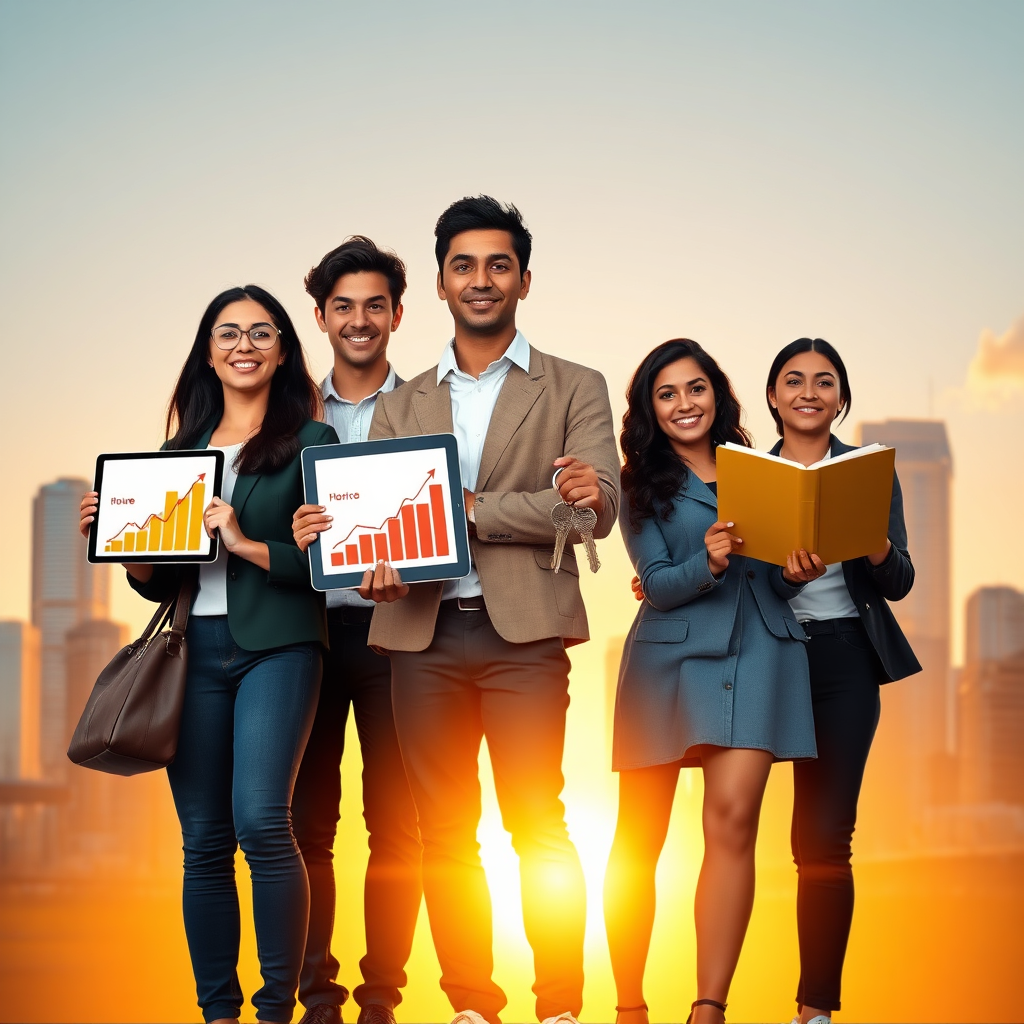  A photorealistic image depicting a diverse group of young Mexican professionals standing confidently against a backdrop of a modern city skyline at sunset. The lighting is warm and golden, creating a sense of optimism and achievement. Each individual holds a symbolic item related to financial success: a tablet displaying upward trending graphs, a set of keys to a new home, and an open book representing knowledge and learning. The overall style should be modern, clean, and aspirational, reflecting the idea of collective growth and empowerment.
