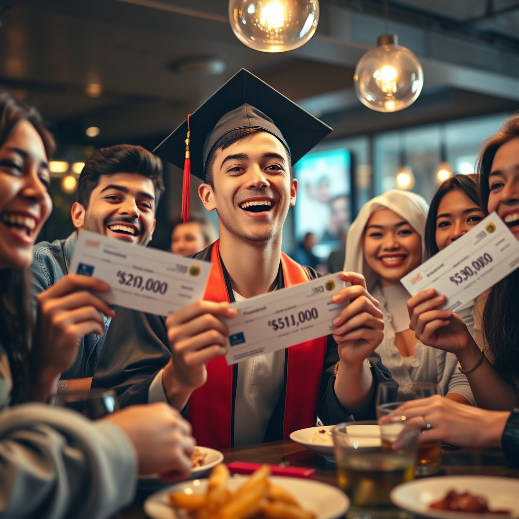 A photorealistic image depicting a young graduate celebrating with a group of friends. They are holding paychecks or deposit slips showing amounts over $20,000 pesos. The setting is a celebratory dinner at a trendy restaurant. The lighting is warm and festive. The color palette is vibrant and joyful. The camera angle is slightly low, capturing the excitement of the moment. The style is realistic and celebratory. 8K resolution, hyperrealistic.