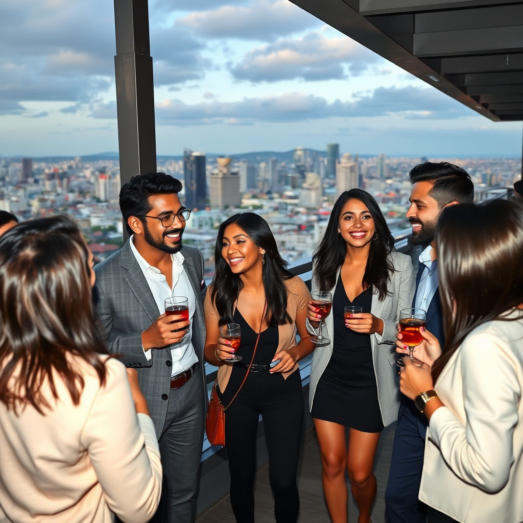 A photorealistic image depicting a group of young Mexican professionals networking at a high-end event. The setting is a rooftop bar with stunning city views, filled with laughter and conversation. The professionals are dressed in stylish attire and holding drinks. The overall style should be aspirational and exclusive, reflecting the benefits of joining a community of like-minded individuals and sharing strategies for success.