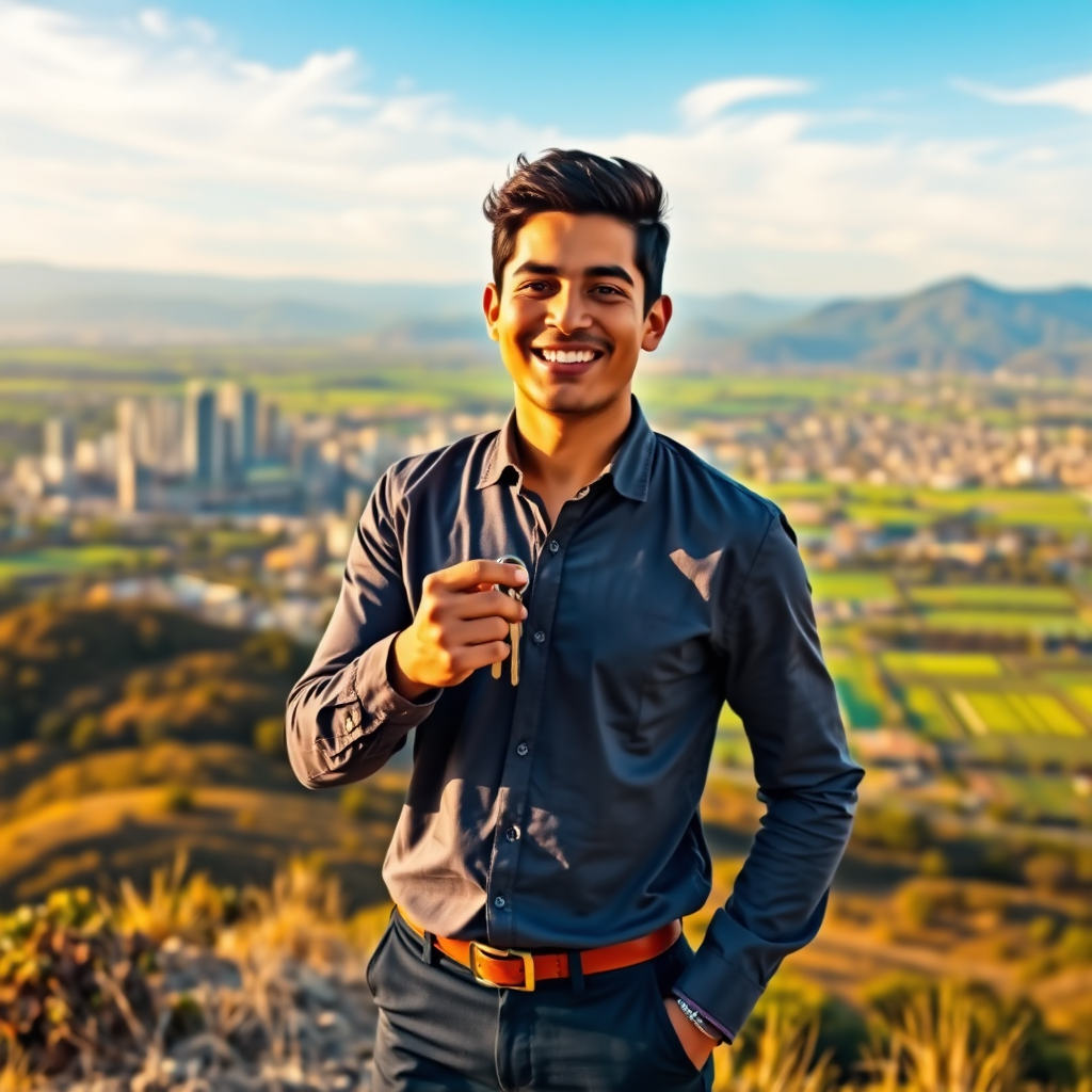 A photorealistic image depicting a young Mexican professional standing on a hilltop overlooking a vast and prosperous landscape. The individual is smiling confidently and holding a set of keys to a new home. The background features a modern city skyline, lush green fields, and a clear blue sky. The lighting is warm and golden, creating a sense of optimism and achievement. The overall style should be aspirational and empowering, reflecting the potential for financial freedom and a brighter future.