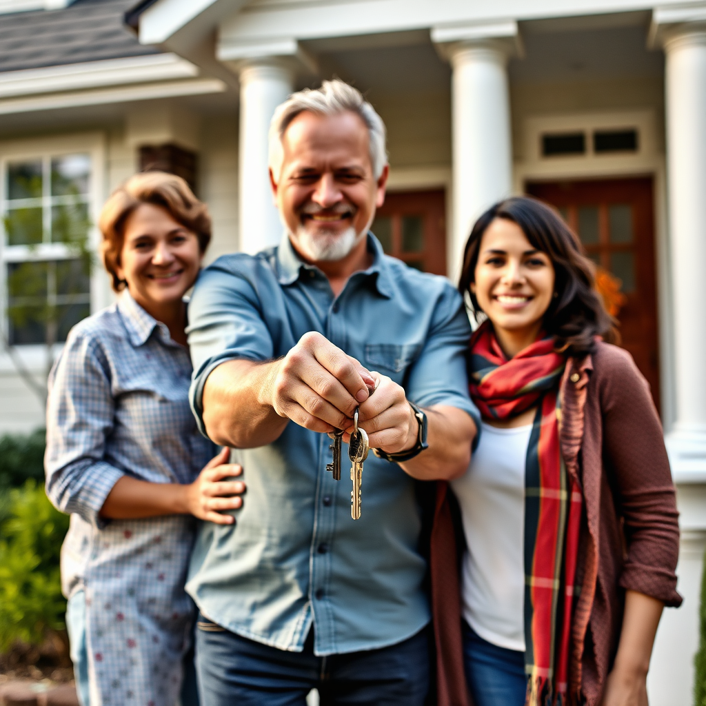 A photorealistic image depicting a family happily gathered in front of their new home. The father is holding a set of keys, symbolizing financial security and generational wealth.