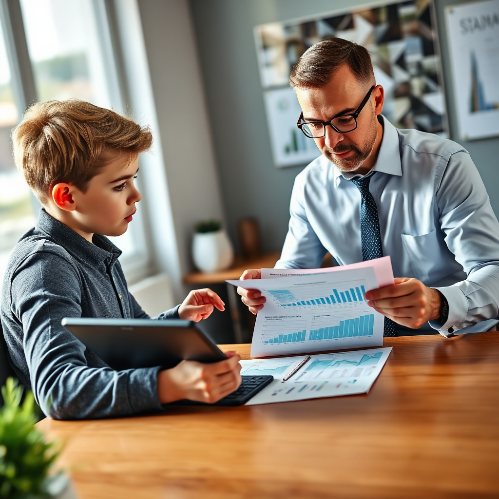A photorealistic image depicting a financial advisor reviewing a detailed financial plan with a young client. They are seated at a desk with charts and graphs displayed on a tablet. The atmosphere is professional and supportive, symbolizing personalized guidance.