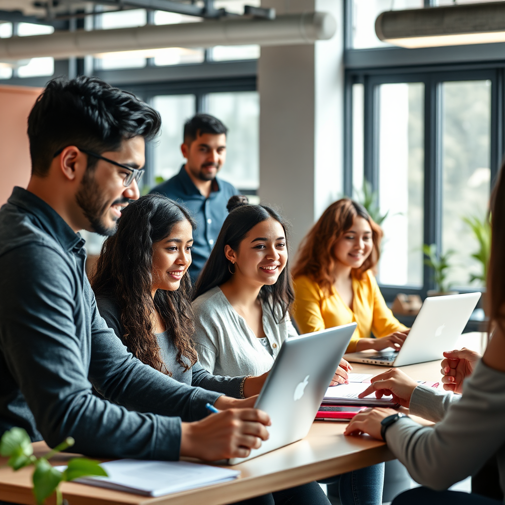 A photorealistic image depicting a group of young Mexican entrepreneurs participating in a workshop. The setting is a modern and collaborative workspace, filled with natural light and vibrant energy. The entrepreneurs are actively engaged in discussions, taking notes, and using laptops. In the background, a mentor is providing guidance and support. The overall style should be authentic and empowering, reflecting the company's commitment to social responsibility and community development. Focus on the expressions of enthusiasm and determination.