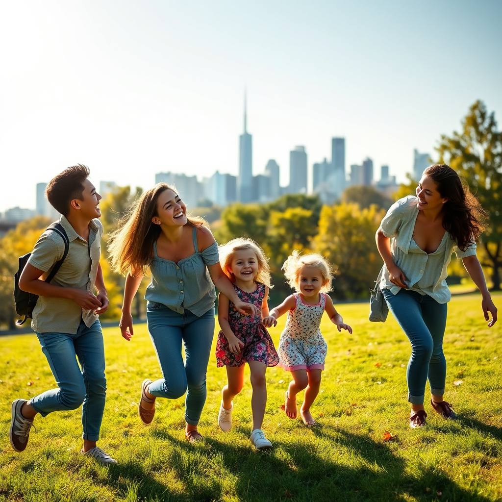 A photorealistic image depicting a family laughing and playing together in a sun-drenched park, with a distant cityscape symbolizing work and career. The focus is on their joy and freedom from stress. Use natural lighting and a shallow depth of field. 8K resolution.