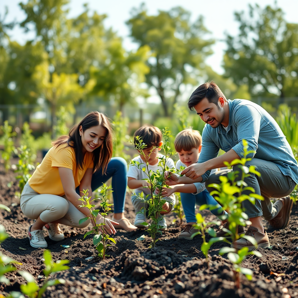 A photorealistic image depicting a family volunteering together, planting trees in a community garden. The image represents shared well-being and giving back. Use natural lighting and a bright color palette. 8K resolution.