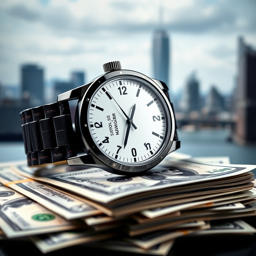 A photorealistic image depicting a modern wristwatch with the time set to 12:00. The watch is placed on top of a stack of money, symbolizing the importance of time and financial opportunity. The background features a blurry cityscape, representing the potential for growth and success. The lighting is dramatic and focused, highlighting the watch and the money. The overall style should be urgent and compelling, encouraging viewers to take immediate action and seize the moment.