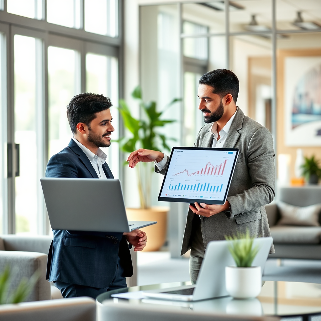 A photorealistic image depicting a one-on-one meeting between a young Mexican professional and a financial advisor. The setting is a modern and professional office space, filled with natural light and comfortable furniture. The advisor is providing guidance and support, pointing to a financial chart on a laptop screen. The overall style should be trustworthy and supportive, reflecting the value of personalized mentorship and expert advice.