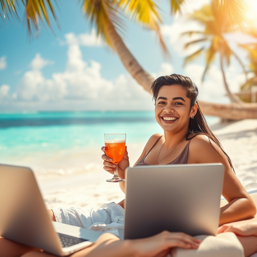  A photorealistic image depicting a young Mexican professional relaxing on a tropical beach, enjoying the fruits of their financial success. The individual is smiling and holding a cocktail, with a laptop and tablet nearby. The background features crystal-clear water, white sand, and palm trees. The lighting is warm and inviting, creating a sense of relaxation and fulfillment. The overall style should be aspirational and inspiring, reflecting the potential for financial freedom to transform your reality and live the life you've always dreamed of.
