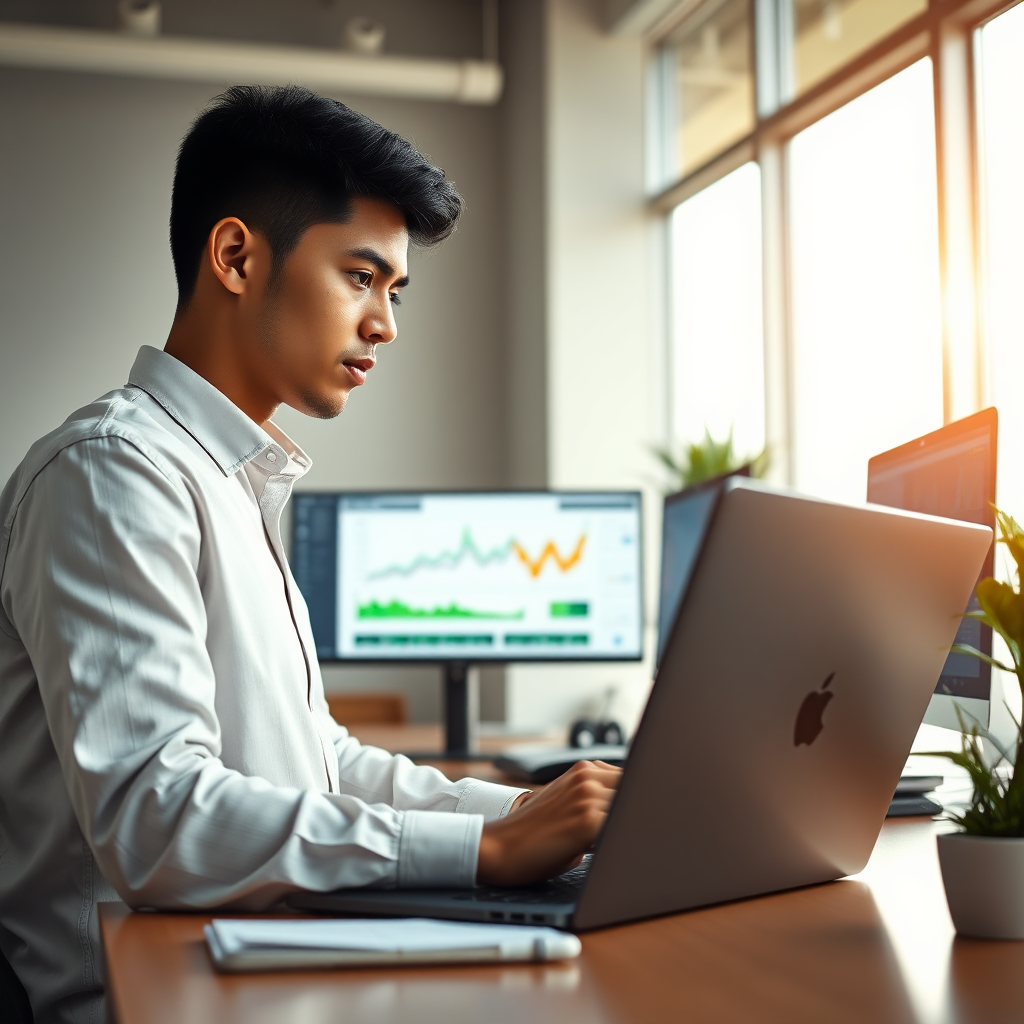  A photorealistic image depicting a young Mexican professional working on a laptop with multiple screens displaying financial charts and data. The individual is focused and determined, using innovative strategies to maximize their income and build a solid financial foundation. The setting is a modern and minimalist office space, filled with natural light and cutting-edge technology. The overall style should be dynamic and innovative, reflecting the power of effective strategies and financial planning.