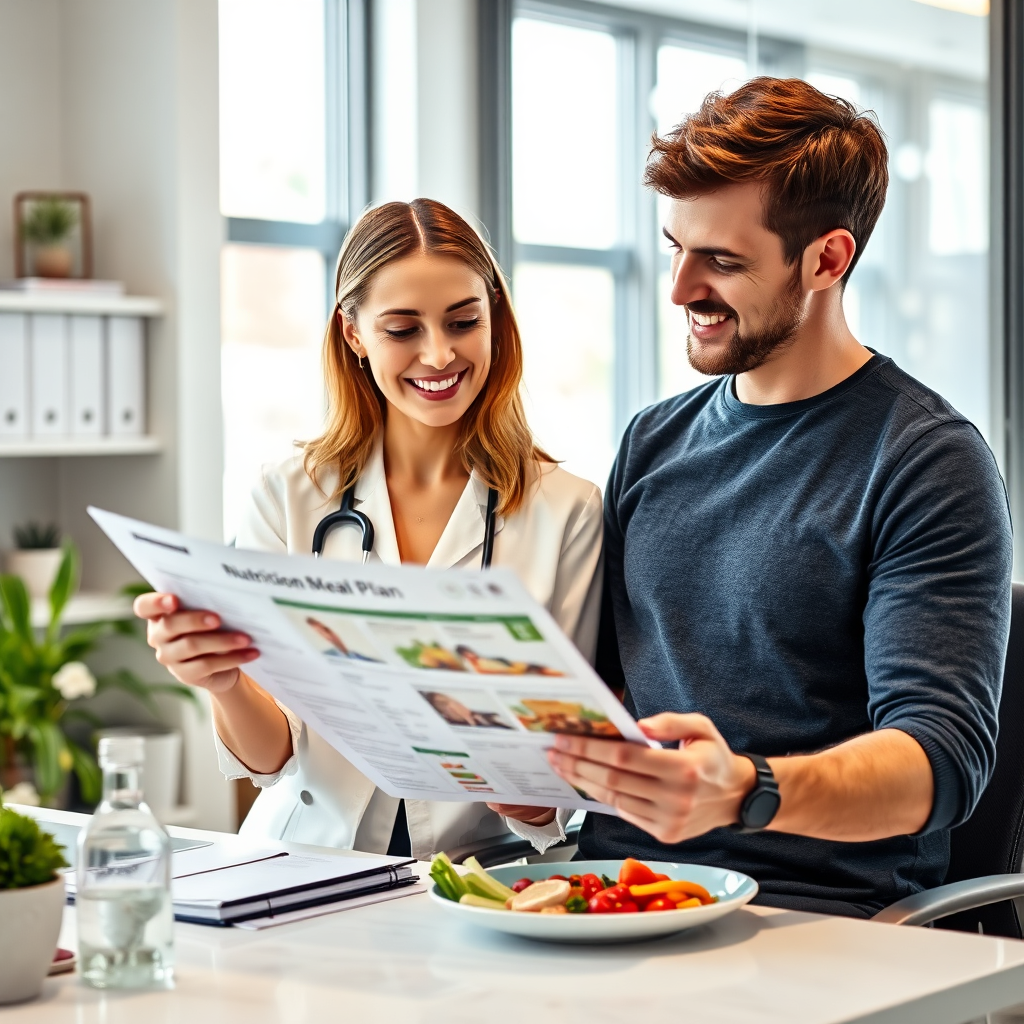 A photorealistic image featuring a friendly nutritionist consulting with a client in a bright and modern office, reviewing a customized meal plan. They are looking at the plan with interest and discussing dietary options. The office is clean and organized.
