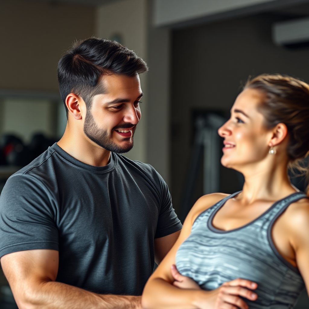  Imagen fotorrealista de un entrenador personal certificado que ofrece orientación y apoyo experto a un cliente. El enfoque se centra en la interacción y la experiencia del entrenador. La iluminación es profesional y talentosa, con una paleta de colores cálidos. Resolución 4K.