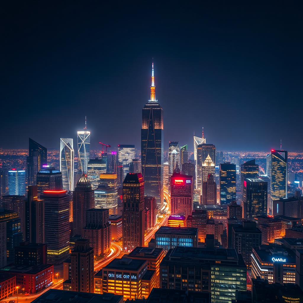 A photorealistic image of a city skyline at night, with bright lights and skyscrapers. The image represents a vibrant and promising future. The lighting is dramatic and colorful. The camera angle is wide, capturing the entire cityscape. 8K resolution, hyperrealistic.