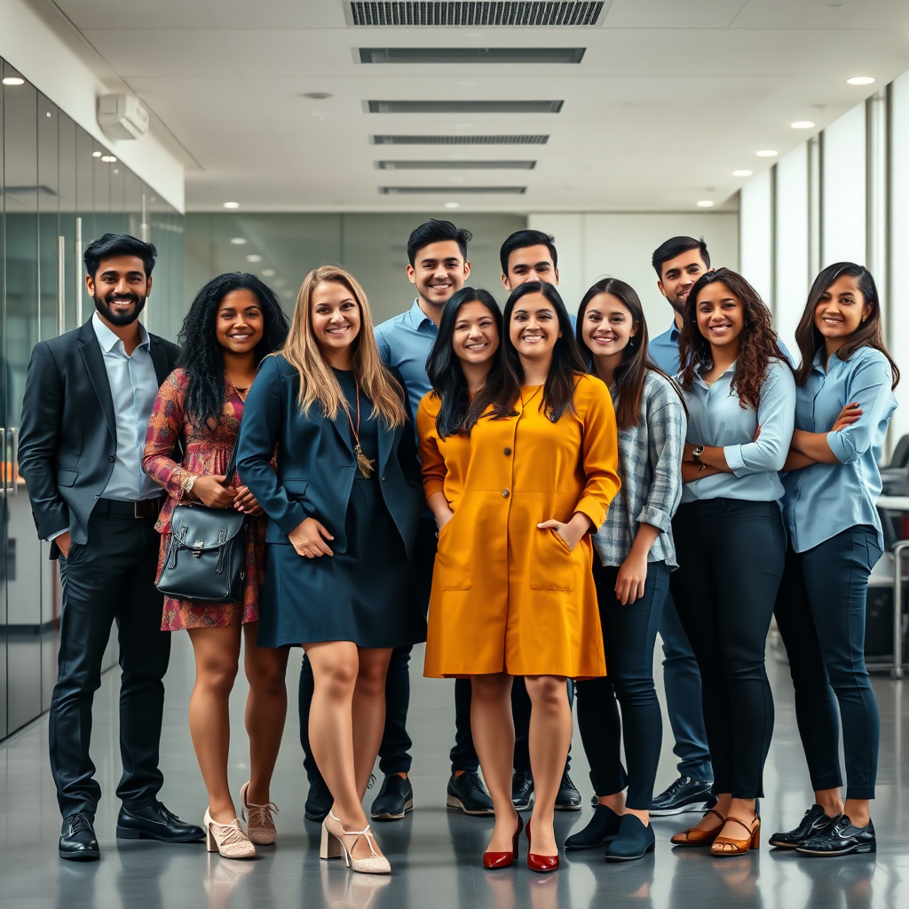 A photorealistic image of a diverse group of young professionals standing together confidently. They are smiling and looking towards the camera. The background is a modern office environment. The lighting is bright and professional. 8K resolution, hyperrealistic.