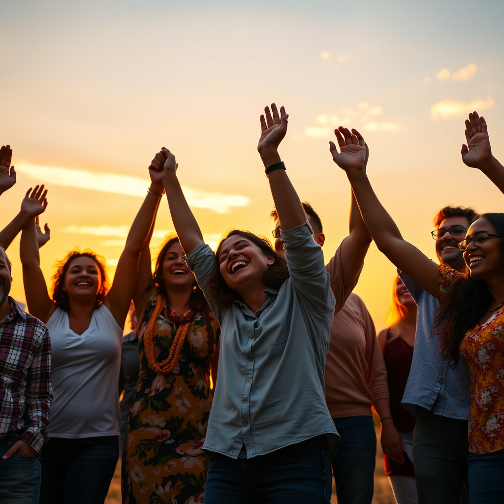 A photorealistic image of a diverse group of people celebrating together, holding hands and smiling. The background shows a beautiful sunset. The image represents community and success. Use warm lighting and vibrant colors. 8K resolution.