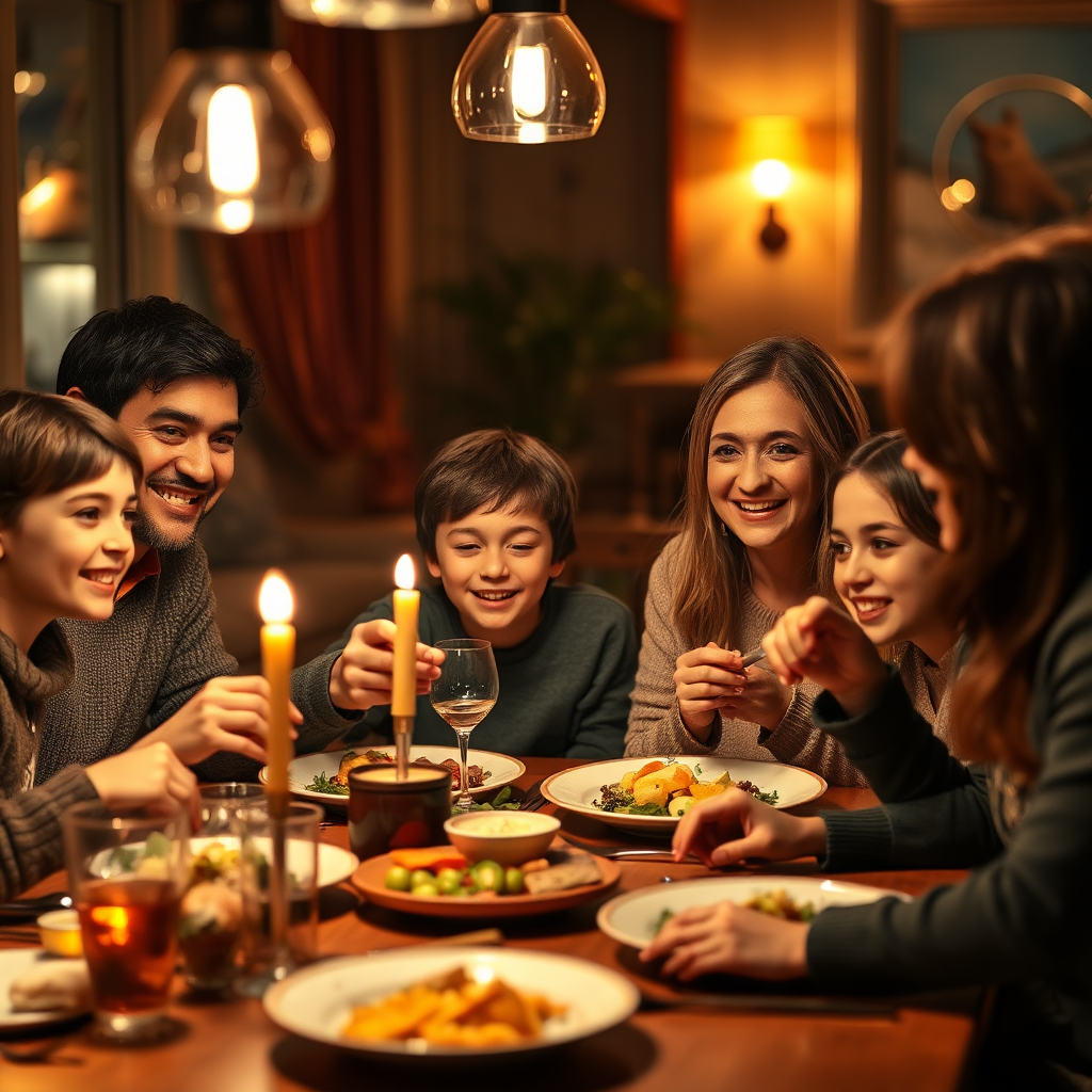 A photorealistic image of a family having dinner together around a warmly lit table, smiling and connecting. Focus on the intimate details of the scene, like the food, the faces, and the ambiance. Use warm, inviting lighting. 8K resolution.