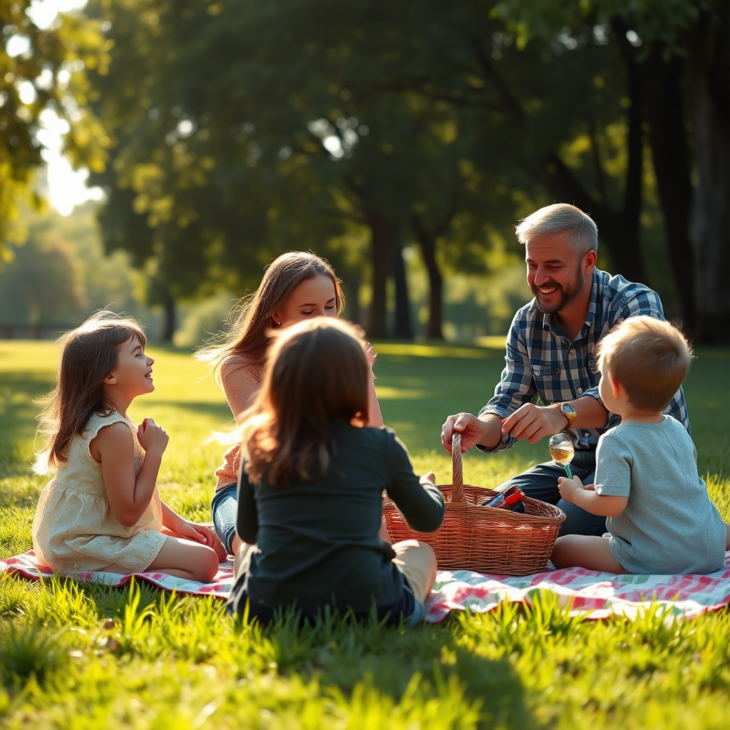 A photorealistic image of a family having a picnic in a park. The mother is laughing and interacting with her children, while the father is setting up a blanket and basket. The sunlight is warm and inviting, creating a feeling of joy and harmony. Camera angle: medium shot, capturing the family's interaction. Color palette: bright and cheerful, with accents of green and blue. Technical specs: 8K resolution, hyperrealistic, natural lighting.