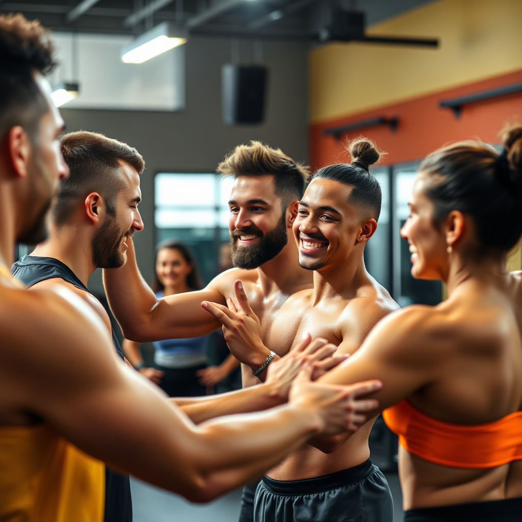 Una imagen fotorrealista de un grupo de miembros del gimnasio apoyándose y animándose mutuamente durante un entrenamiento. El enfoque se centra en la camaradería y el trabajo en equipo. La iluminación es cálida y acogedora, con una paleta de colores vibrantes. Resolución 4K.