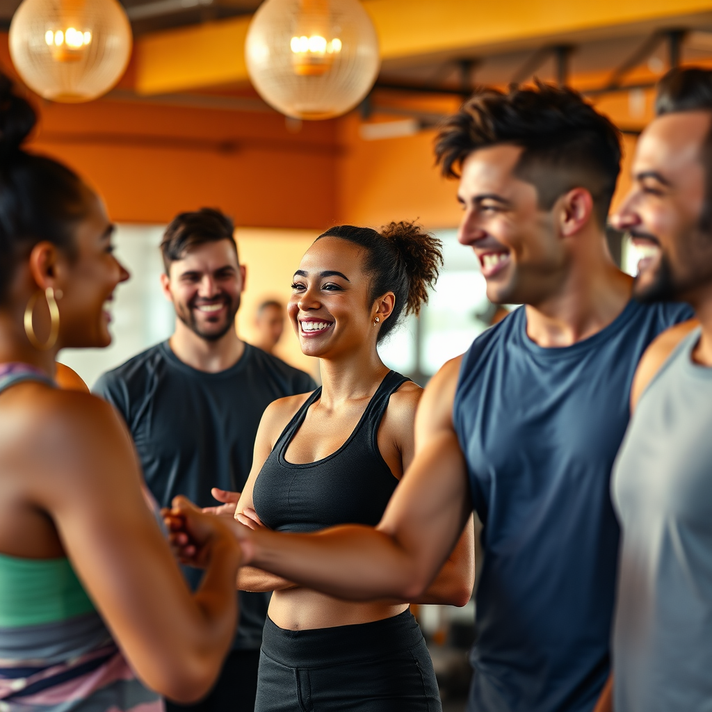 Una imagen fotorrealista de un grupo de miembros del gimnasio, sonrientes y comprometidos, interactuando entre sí, creando un sentido de comunidad y pertenencia. La iluminación es cálida y acogedora, con una paleta de colores vibrantes. Resolución 4K.