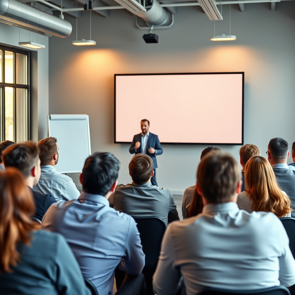 A photorealistic image of a group of people participating in a training session, with a dynamic speaker presenting on a screen. The atmosphere should be engaging and motivational. Use bright lighting and a modern design. 8K resolution.
