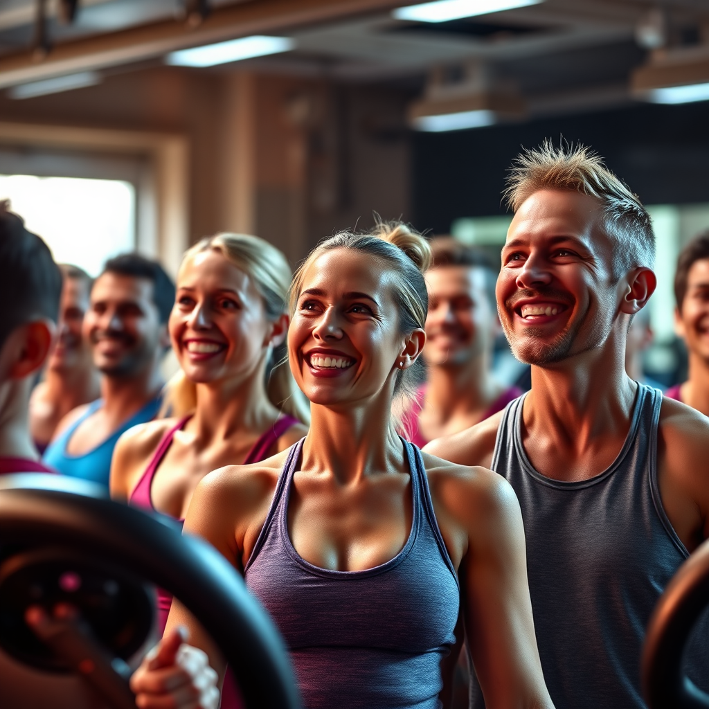  Imagen fotorrealista de un grupo de miembros del gimnasio, sonrientes y satisfechos, disfrutando de los beneficios del programa Ismefit. La iluminación es cálida y acogedora, con una paleta de colores vibrantes. Resolución 4K.
