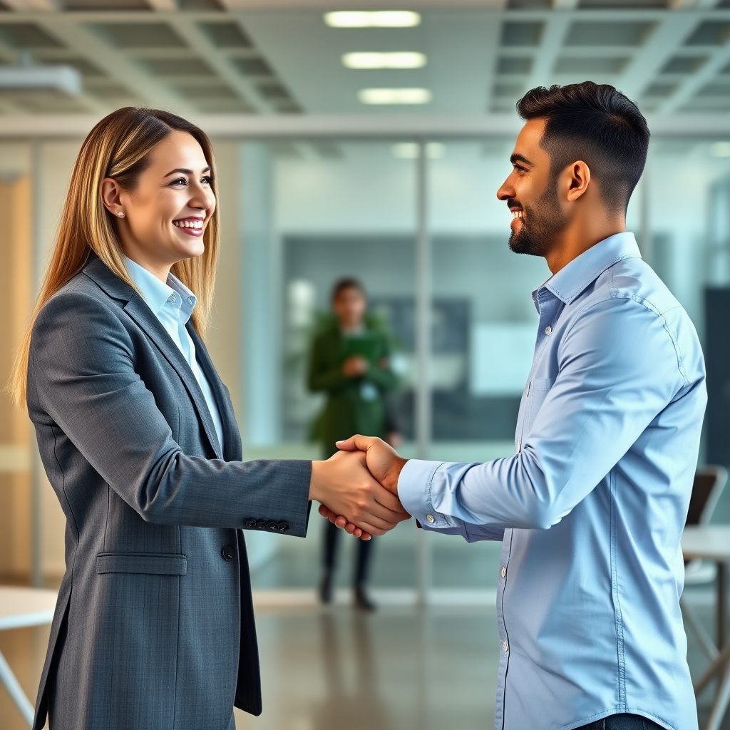 A photorealistic image of a handshake between a recruiter and a job candidate. They are both smiling and looking confident. The background is a modern office environment. The lighting is bright and professional. 8K resolution, hyperrealistic.