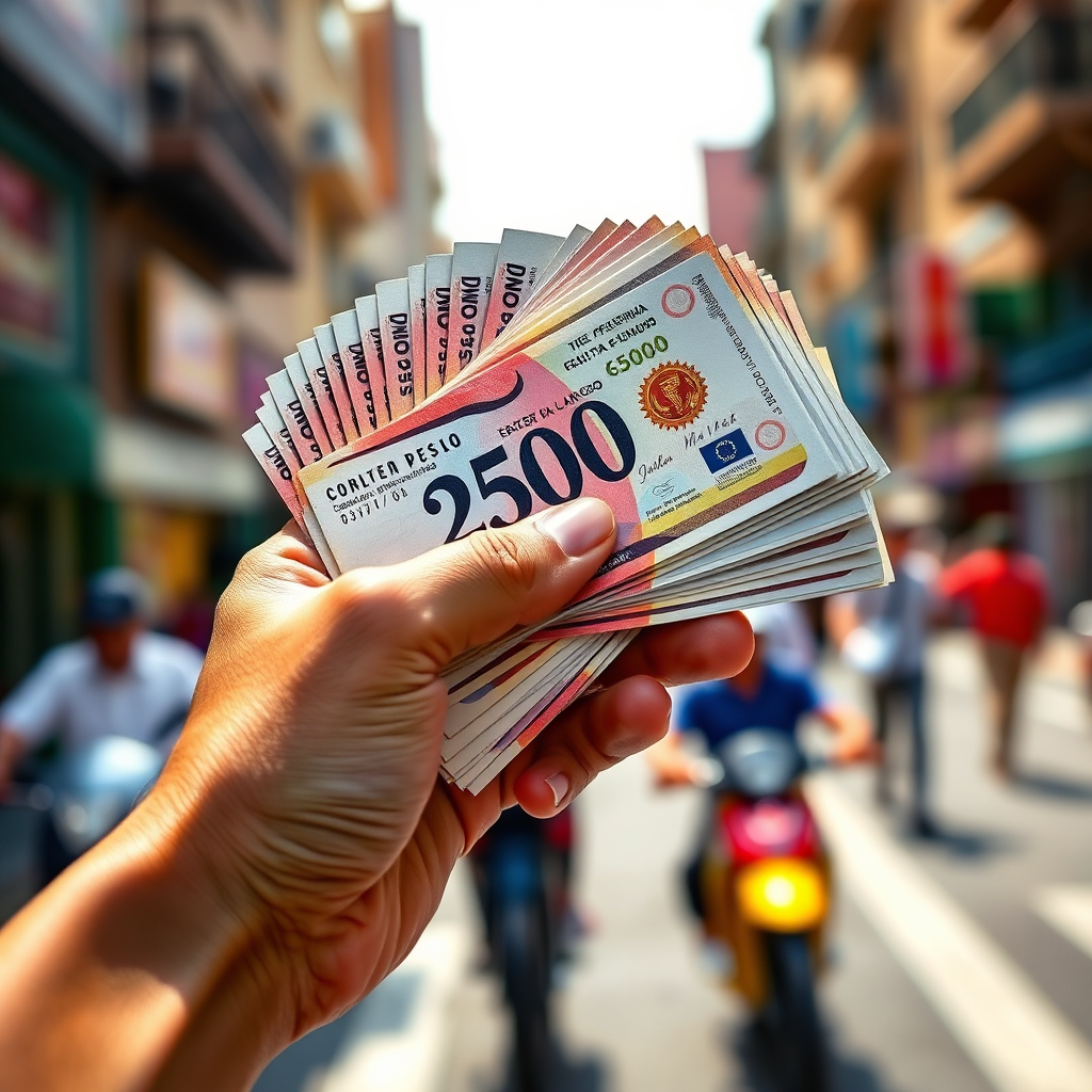 A photorealistic image of a hand holding a stack of $25,000 pesos in cash. The background is blurred, suggesting a busy city street. The lighting is bright and eye-catching. The color palette is vibrant and exciting. The camera angle is close-up, emphasizing the money. 8K resolution, hyperrealistic.