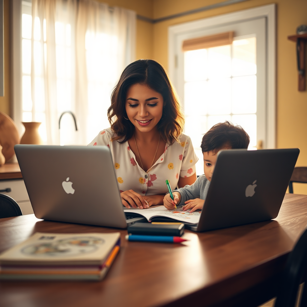 A photorealistic image of a Latina mother working on a laptop at her kitchen table. Her young child is sitting next to her, coloring in a coloring book. Sunlight streams in through the window, creating a warm and inviting atmosphere. The focus is on the balance between work and family life. Camera angle: medium shot, capturing both the mother and child. Color palette: warm tones, with accents of yellow and orange. Technical specs: 8K resolution, hyperrealistic, natural lighting.