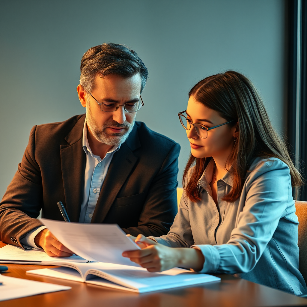A photorealistic image of a mentor guiding a young professional. They are sitting together at a desk, reviewing documents and discussing career goals. The lighting is warm and supportive. 8K resolution, hyperrealistic.