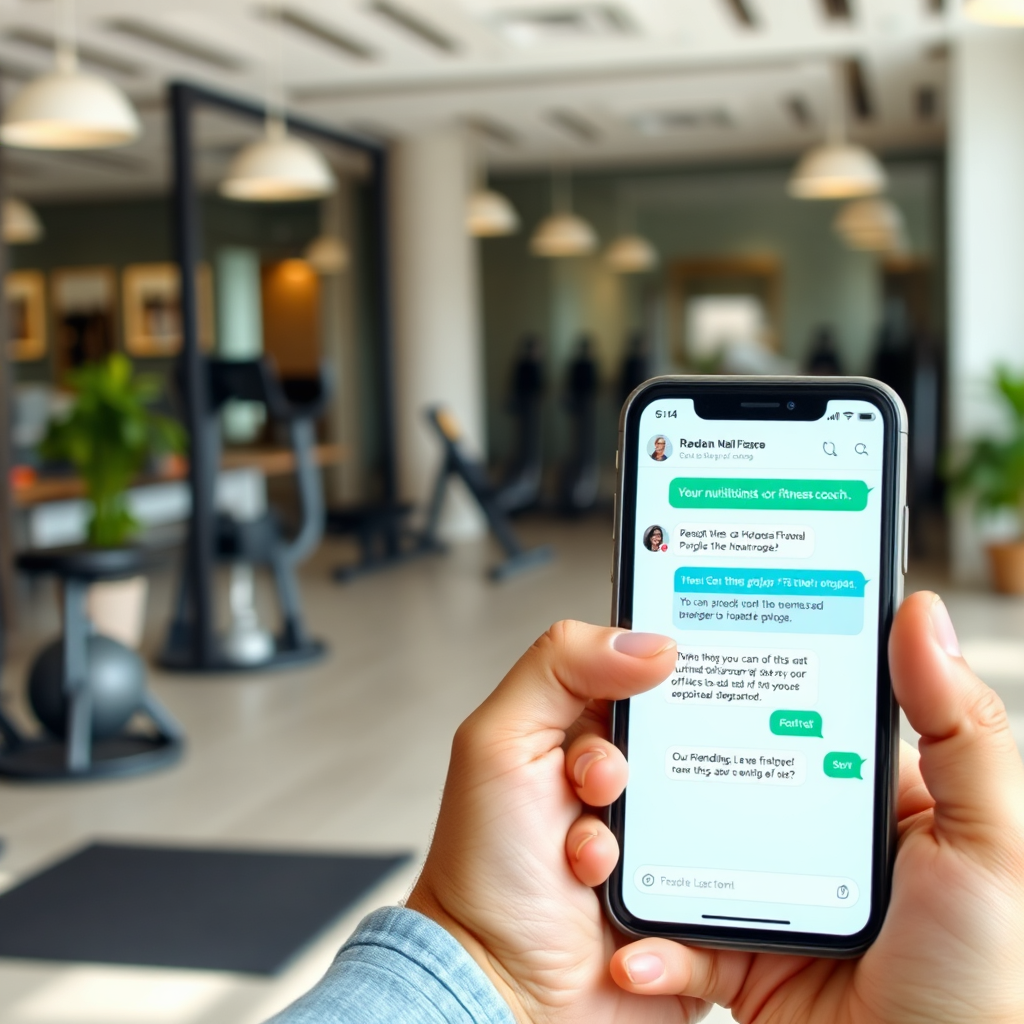 A photorealistic image of a person holding a smartphone, with a chat interface visible on the screen. On the other end of the chat, there is a friendly picture of a nutritionist or fitness coach. The background should be a clean and modern office or gym environment. The lighting should be bright and inviting. The camera angle is a close-up, focusing on the smartphone and the chat interface.
