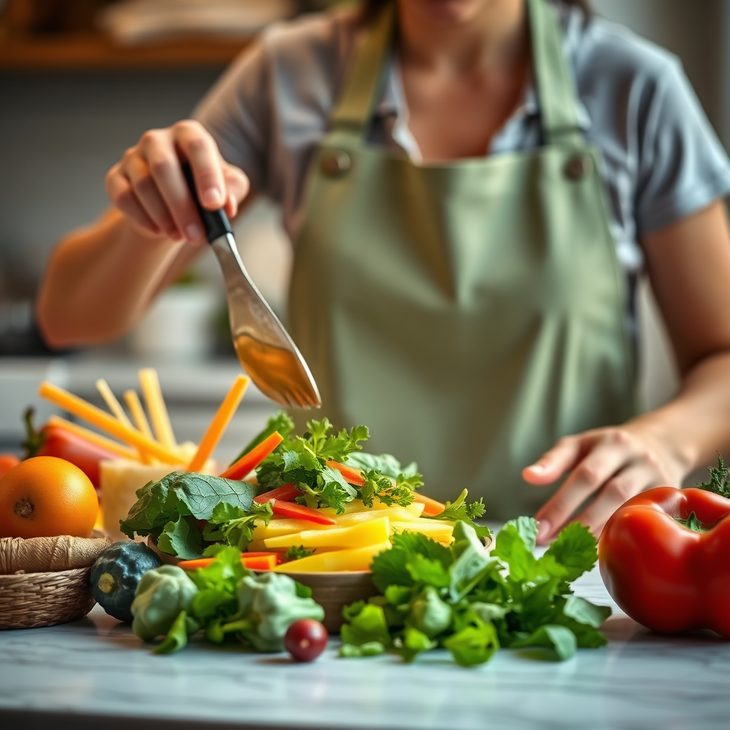 Imagen fotorrealista de una persona preparando una comida saludable, con énfasis en ingredientes frescos y nutritivos. La iluminación es cálida y acogedora, con una paleta de colores naturales. Resolución 4K.