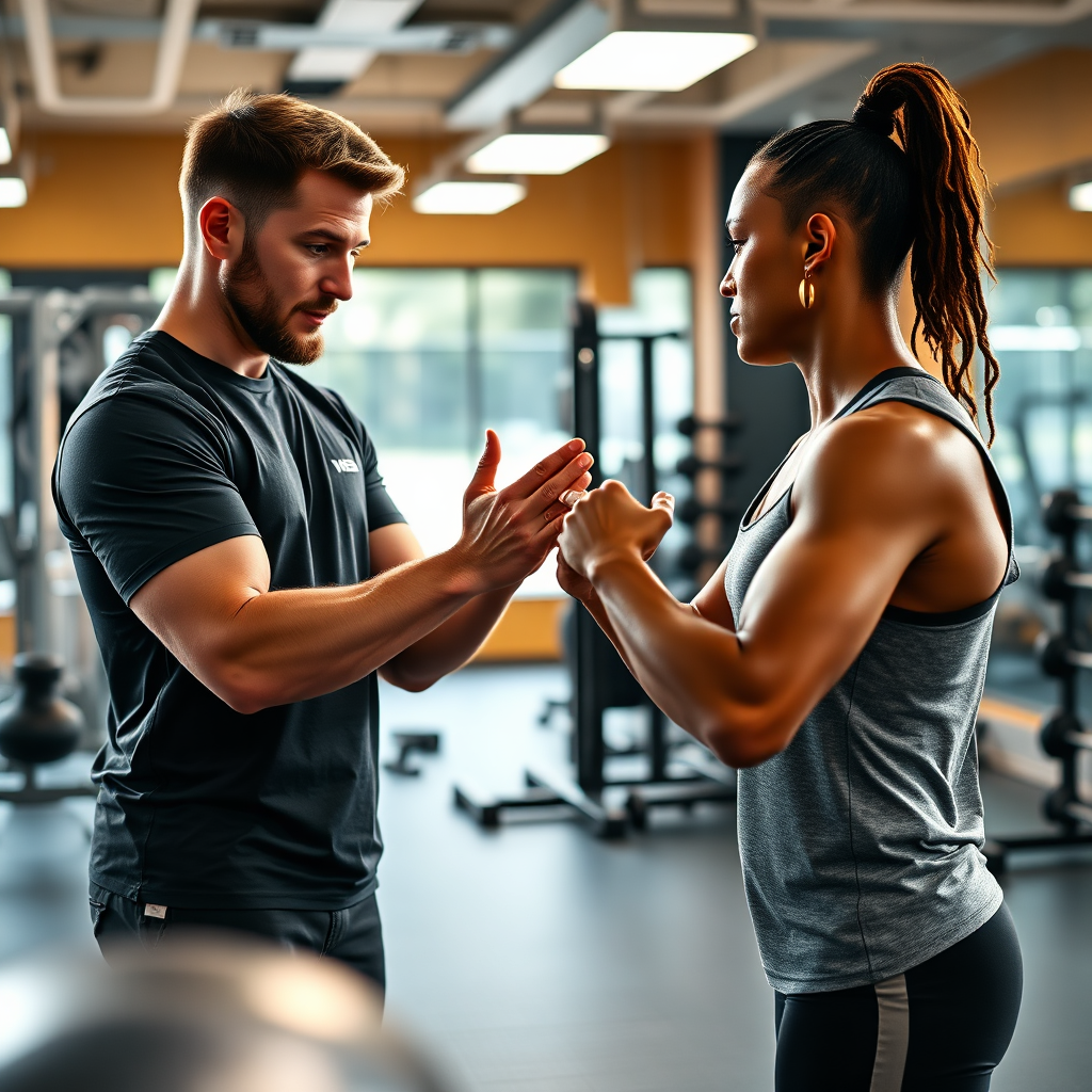 Imagen fotorrealista de un entrenador personal que ofrece orientación personalizada a un cliente durante un entrenamiento. El enfoque se centra en la experiencia del entrenador y la participación del cliente. La iluminación es motivadora y talentosa, con una paleta de colores cálidos. El entorno es un gimnasio moderno y bien equipado. Resolución 4K.