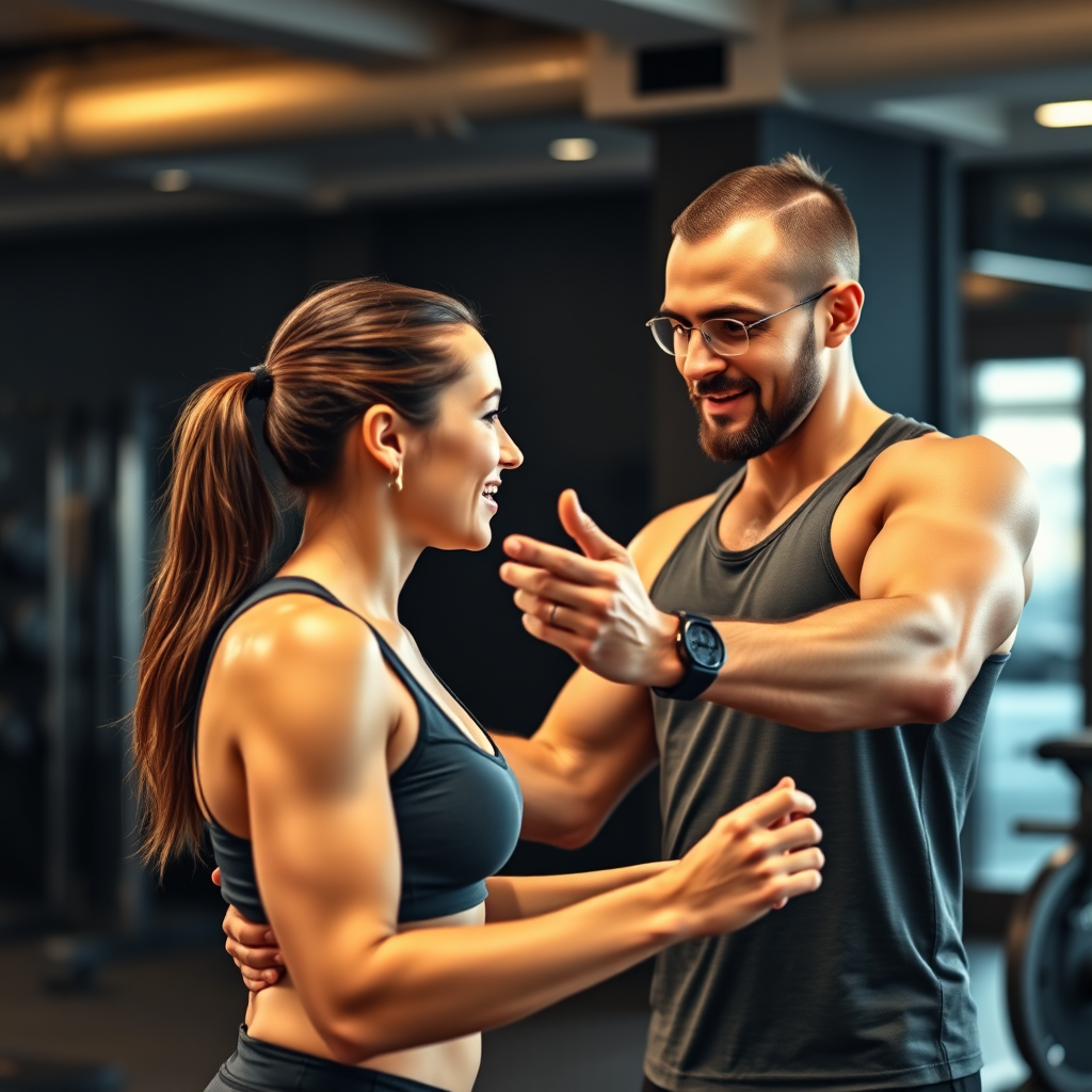 Imagen fotorrealista de un entrenador personal que ofrece apoyo a un cliente durante un entrenamiento. El enfoque se centra en la interacción y el estímulo del entrenador. La iluminación es cálida y acogedora, con una paleta de colores vibrantes. Resolución 4K.