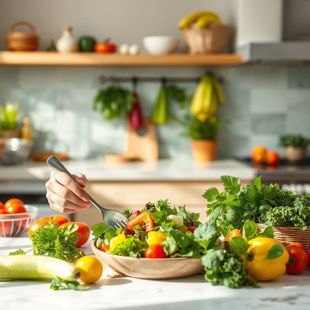 A photorealistic image of a person preparing a colorful and healthy salad in a bright and airy kitchen. The ingredients include a variety of organic vegetables and fruits. The lighting should be natural and inviting. The focus is on the connection between food and health. The color palette should be vibrant and fresh.