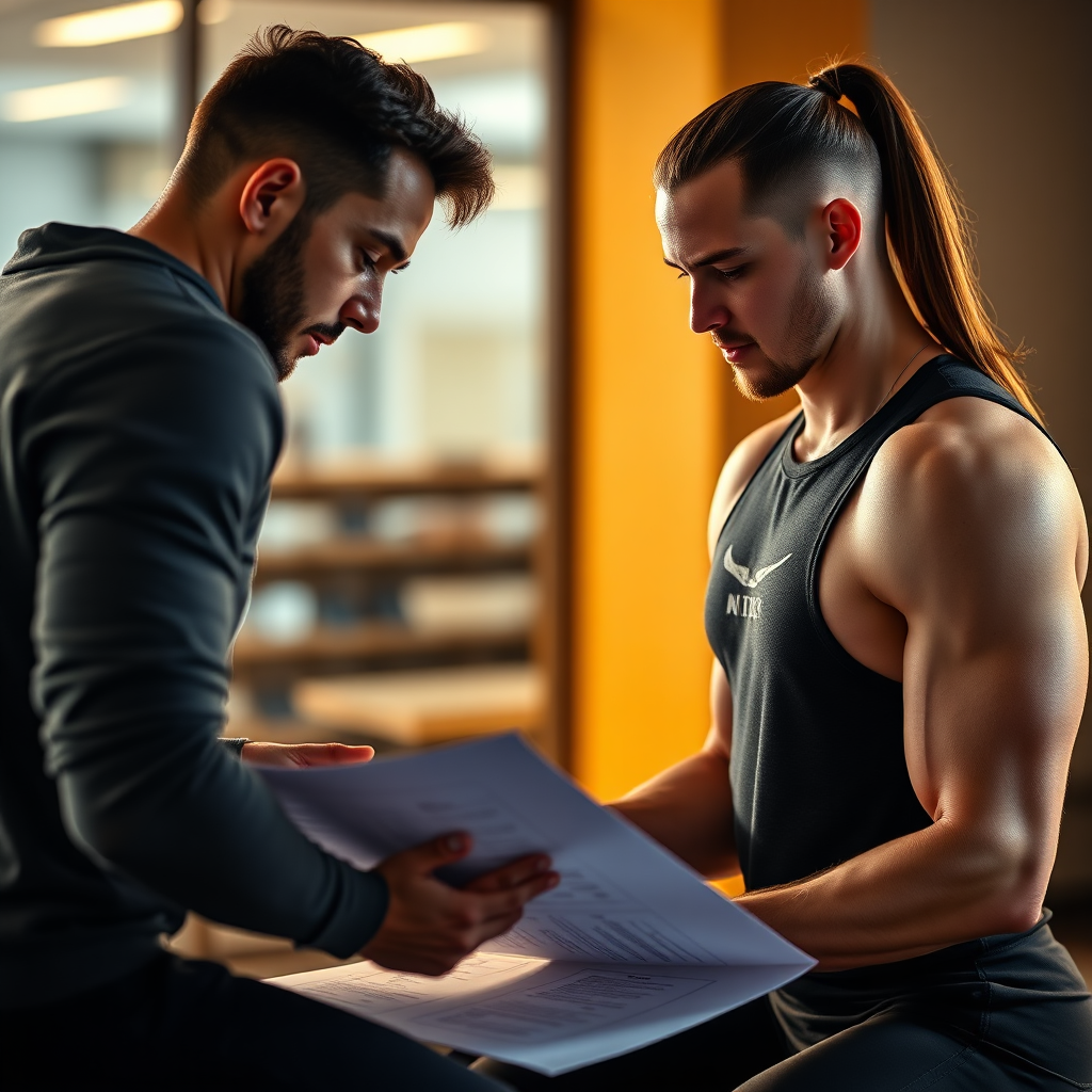 Imagen fotorrealista de un entrenador personal creando un plan de entrenamiento personalizado para un cliente, centrándose en sus necesidades y objetivos específicos. La iluminación es cálida y acogedora, con una estética limpia y moderna. Resolución 4K.