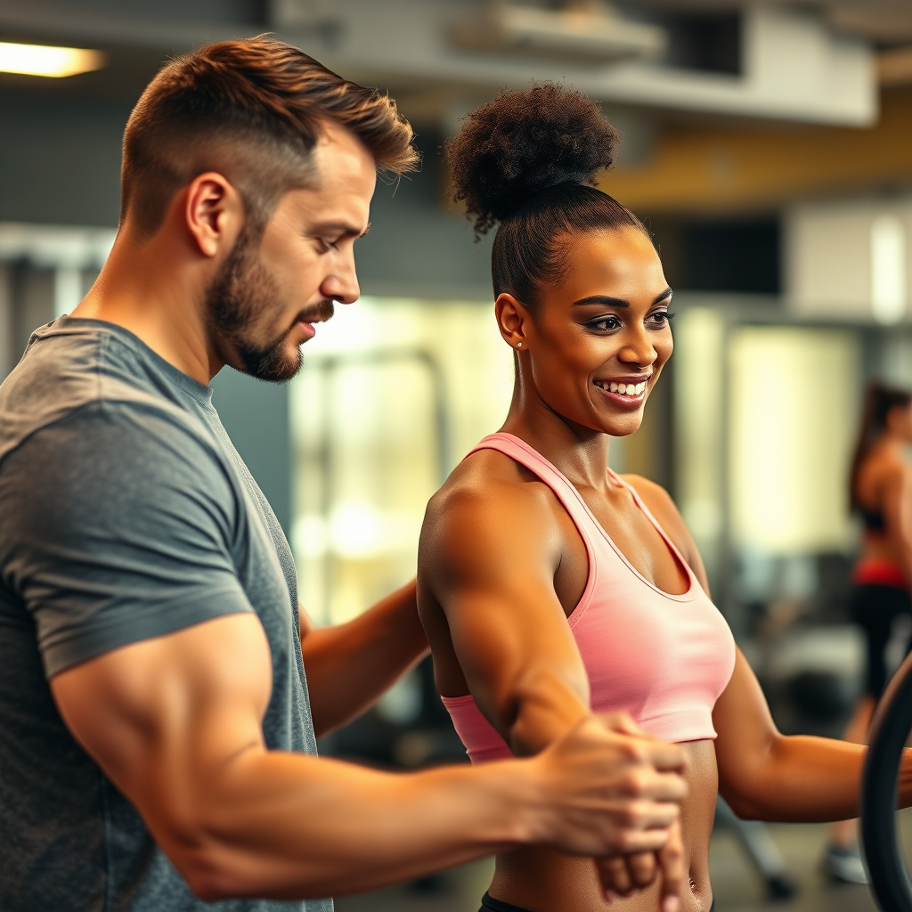  Imagen fotorrealista de un entrenador personal que ofrece apoyo motivacional a un cliente durante un entrenamiento. El enfoque se centra en la interacción y el estímulo del entrenador. La iluminación es cálida y acogedora, con una paleta de colores vibrantes. Resolución 4K.