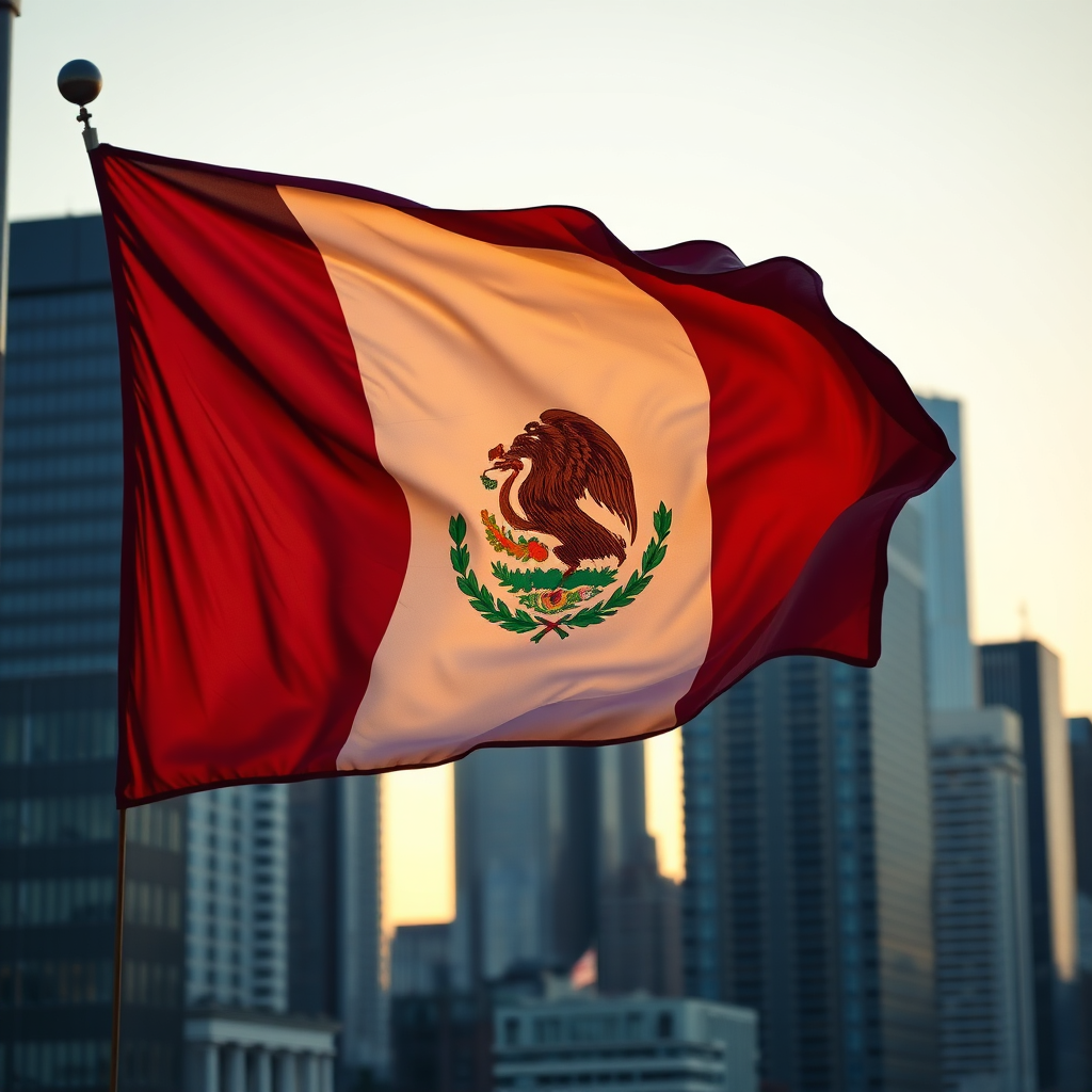 A photorealistic image of a waving Mexican flag with a subtle overlay of modern skyscrapers, representing the blend of tradition and innovation. Focus on the details of the flag's texture and the contrast between the old and new. Golden hour lighting, 8K resolution.