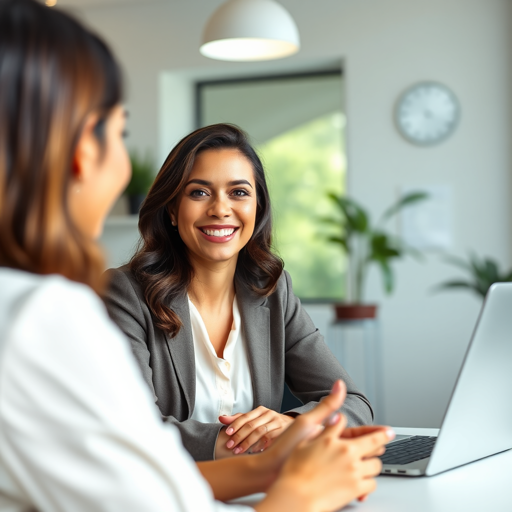 A photorealistic image of a woman conducting a virtual job interview. The woman is smiling warmly and engaging with the candidate. The background is a modern and professional home office. The lighting is bright and inviting, creating a feeling of trust and connection. Camera angle: medium shot, capturing the interaction between the two women. Style reference: corporate photography. Technical specs: 8K resolution, hyperrealistic, detailed facial expressions.