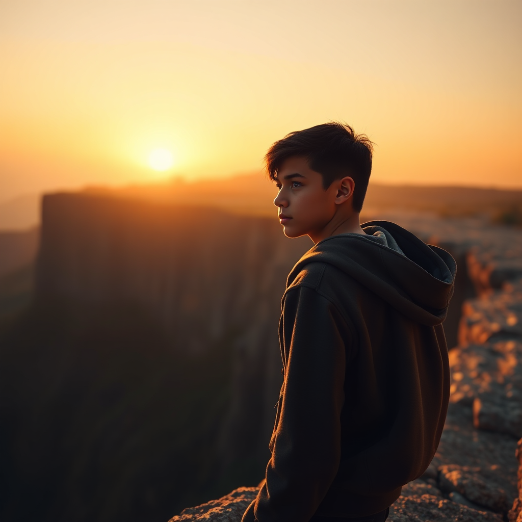 A photorealistic image of a young person looking determinedly towards a bright horizon. They are standing at the edge of a cliff, symbolizing a new beginning. The lighting is dramatic, with the sun rising in the background. The color palette is warm and hopeful. The camera angle is slightly low, emphasizing the person's strength and resolve. 8K resolution, hyperrealistic.
