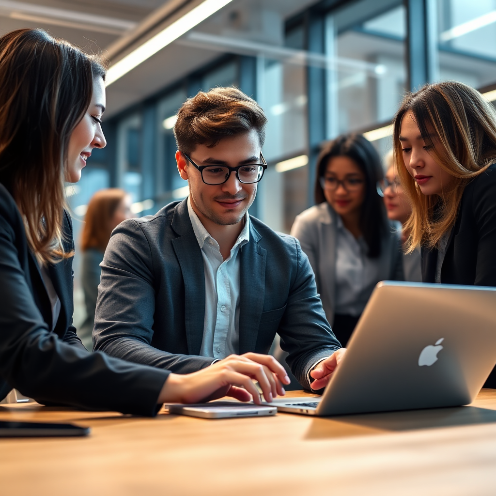 A photorealistic image of a young professional working on a laptop in a modern office environment. They are collaborating with colleagues and participating in a team meeting. The lighting is bright and professional. The camera angle is medium, capturing the person's engagement and expertise. 8K resolution, hyperrealistic.