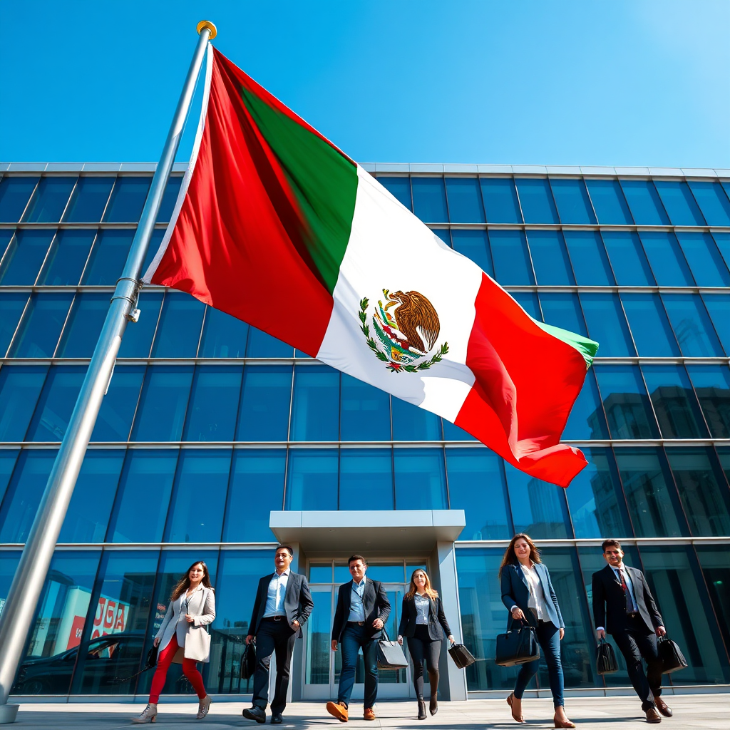 A photorealistic image of the Mexican flag waving proudly in front of a modern office building. The building features glass windows reflecting a clear blue sky. In the foreground, several young professionals are walking confidently towards the entrance, smiling and carrying briefcases. The lighting is bright and sunny, highlighting the flag and the building. The color palette is vibrant, with the red, white, and green of the flag contrasting with the blue sky. The camera angle is low, emphasizing the height and stature of the building and the flag. The style is modern and professional, showcasing the company's Mexican heritage and its forward-thinking approach. 8K resolution, hyperrealistic.