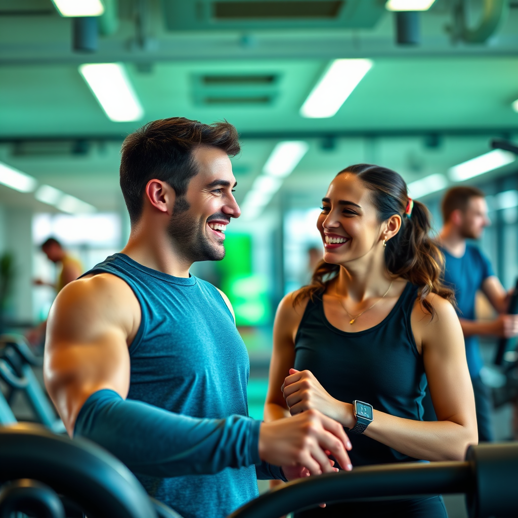Una imagen fotorrealista que representa la misión de ISMEFIT: transformar gimnasios en centros orientados a resultados. Representa a un entrenador personal sonriente interactuando con sus clientes. La composición debe ser dinámica, mostrando la energía y las interacciones positivas del gimnasio. La iluminación debe ser brillante y estimulante, con una paleta de colores que incorpora verdes y azules vibrantes para representar salud y vitalidad. El ángulo de la cámara debe estar ligeramente elevado para capturar una vista más amplia de la actividad del gimnasio. Los detalles de textura deben resaltar la calidad del equipo y las expresiones positivas de las personas. El entorno debe ser limpio y moderno, priorizando el bienestar personal. Incluye monitores de actividad física y opciones de comida saludable como accesorios relevantes. Referencia de estilo: combinación de la fotografía de producto limpia de Apple con las imágenes potenciadoras de Nike. Resolución 4K, alta calidad, enfoque de transmisión en confianza y apoyo.